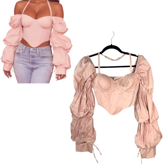 Oh Polly Tops - Oh Polly Blush Pink Bustier Corset Off Shoulder Long Sleeve Blouse Crop 2 NEW